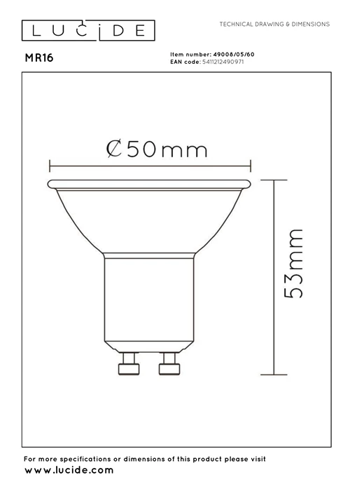 Lucide MR16 - Led bulb - Ø 5 cm - LED - GU10 - 1x5W 2700K - Transparant - technical
